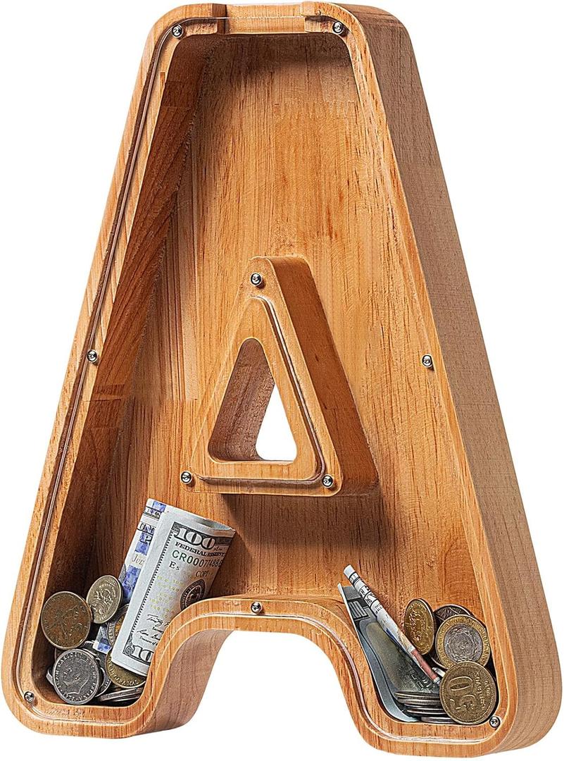 Piggy Bank for Kids Boys Girls, Large Personalized Wooden Letter Piggy Bank with Cut-Out Design, Alphabet Letter Coin Banks, Money Savings Box, Wooden Bank for Kids Creative Gift for Real-Money(A) (New Style-Initial-9.2")
