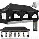 Hoteel 10x30 Pop Up Canopy Tent Heavy Duty with 8 Sidewalls, Waterproof Party Tent, Easy Set-up Commercial Instant Tents with Hand Bag, Rope & Nail, Hexagonal Leg (Black)
