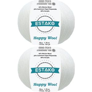 Estako Happy Wool (2 Skeins Pack) 40% Merino Wool 20% Cashmere Type Polyamide 40% Acyrlic Fingering Weight Soft Knitting and Crochet Yarn (2 x 1.76 oz) (2 x 191 yds) (8001 - White)