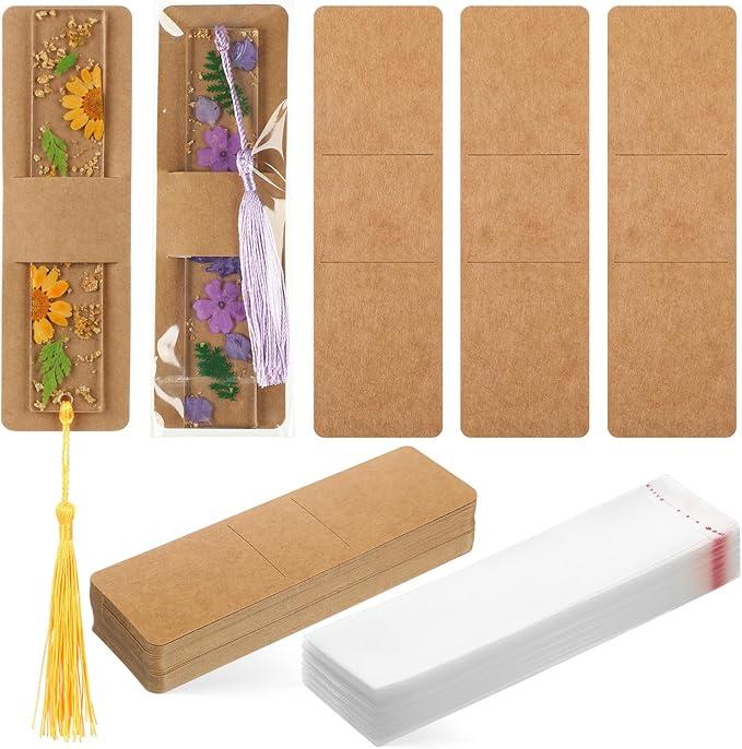 Honoson 200 Set Bookmark Holders Gift Set Kraft Paper Bookmark Sleeves Transparent Self Adhesive Bag DIY Blank Cover Display Cards for Wrapping Small Business Supplies Reading Party Favor