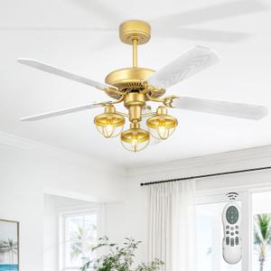 YOUKAIN Farmhouse Wooden Ceiling Fans, 52 Inch Industrial Ceiling Fan with 3 Lights and Remote Control, 5-Reversible Blades Indoor/Outdoor, Gold/Wood Finish, 52-YJ631-GD