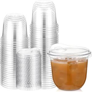 Baderke 50 Pcs Clear Plastic Cups with Strawless Sip Lids Disposable Round Bottom Togo Cups for Coffee Smoothie Cold Beverage Coffee Shops and Party Catering (10 oz)