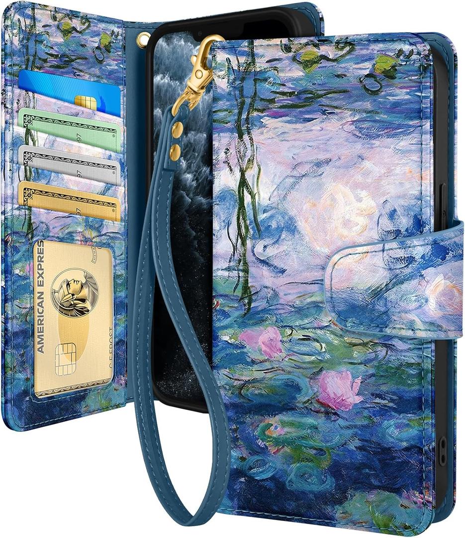 Toycamp for iPhone 11 Pro Wallet Case with Wrist Strap - Leather Flip Folio Phone Case with RFID Blocking 4 Card Holder for Apple for iPhone 11 Pro Funda Cute Aesthetic for Women Ladies, Water Lily