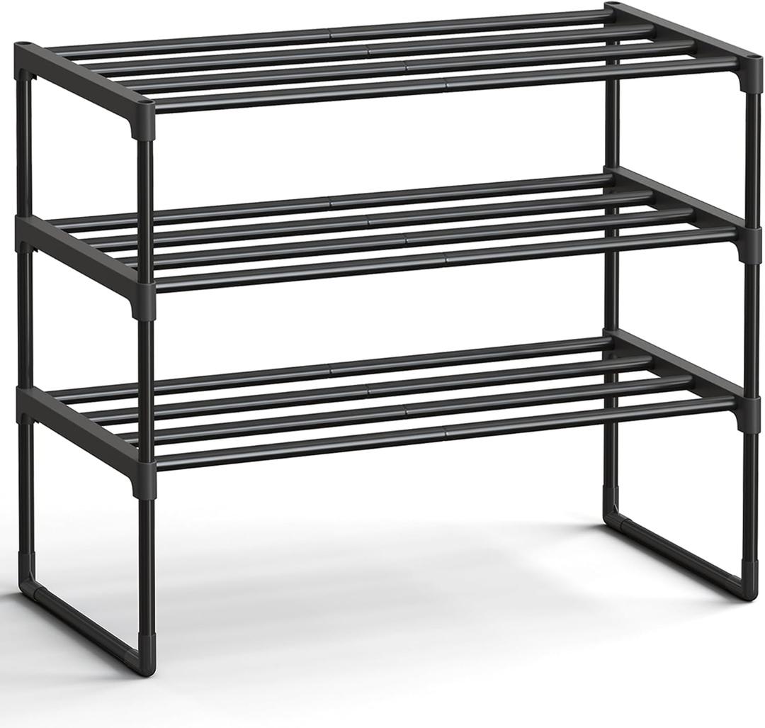 SONGMICS Shoe Rack, 3-Tier Shoe Organizer, Metal Storage Shelf, Upright or Upside Down, for 8-12 Pairs, Stackable, for Entryway, 11.8 x 26.8 x 21.7 Inches, Black ULSA203B01