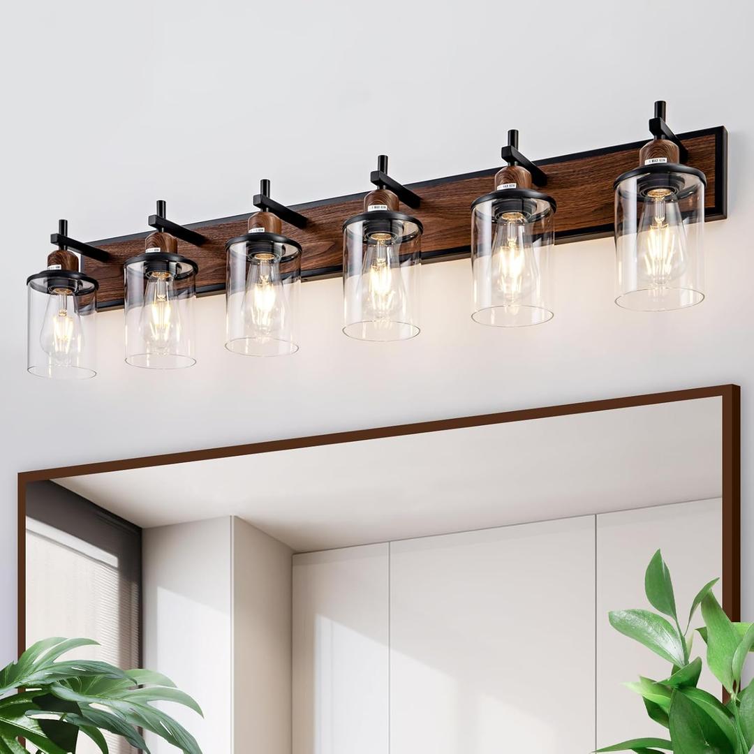 6-Light Farmhouse Bathroom Light Fixtures Vintage Bathroom Vanity Lights Over Mirror Black and Wood Painted Metal Vanity Light for Bathroom with Glass Shades E26 Socket