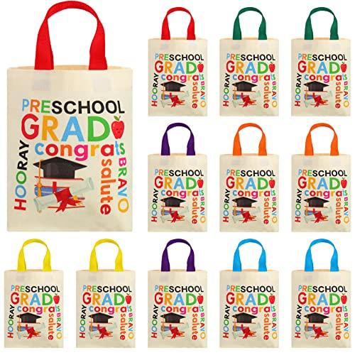Silkfly 12 Pack Mini Preschool Graduation Tote Bags for Kids 2026 Preschool Graduation Gift Bags Bulk Small Canvas Party Favor Decorations with Colorful Handles 7.87 × 7.87 Inch for Boys Girls