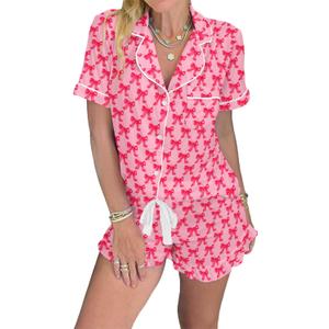 KevaMolly Womens Christmas Lounge Sets Candy Cane Print Pocketed Knotted PJ Set Short Sleeve Xmas Top and Shorts (Medium, Z Pink Red)