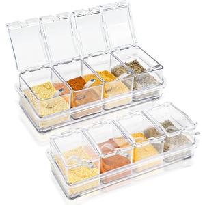 Clear Seasoning Box, 8 Pcs Spice Storage Pots Condiment Container Boxes with Lids and Spoons, Seasoning Rack Spice Jar, Kitchen Seasoning Organizer for Salt, Sugar, Cocoa, Ice Cream Toppings