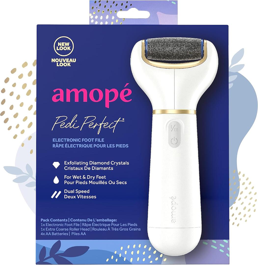 Amop Pedi Perfect Electric Callus Remover Foot File w/ Diamond Crystals, Pedicure Tool for Feet, Removes Hard & Dead Skin, Feet Scrubber & Buffer, Splashproof, w/ Extra Coarse Roller Head, 1 Count, White