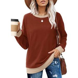 Besshopie Womens Long Sleeve Shirts Crewneck Casual Tunic Tops Fall Fashion Outfits (Brown, M)