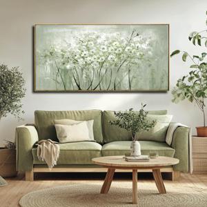 Framed Floral Wall Art Green botanical Canvas 24"x48" Artwork plant print Nature Wall Decor for Home Living Room Bedroom Kitchen Office (White and Green)
