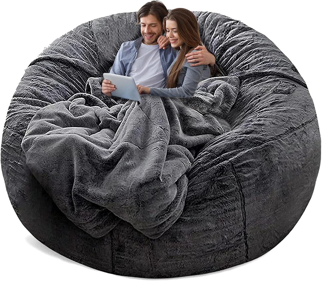 YudouTechNo Filler Bean Bag Chair Cover Without Filler,Big Round Soft Fluffy PV Velvet Washable Bean Bag Lazy Sofa Bed Cover for Adults,Living Room Bedroom Furniture Outside,5ft Dark Grey