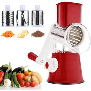 Kitchen Cheese Grater Hand Crank, 3-Blade Stainless Vegetable Shredder Steel Grinder with Strong Suction Base, Easy to Use & Clean for Cheese, Veggie, Nut, Chocolate (Red)