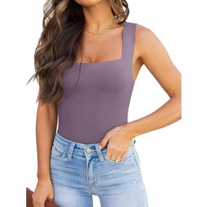 REORIA Butsmooth Womens Basic Sexy Square Neck Sleeveless Tank Tops Bodysuits Clubwear (Large, Hazy Lilac)
