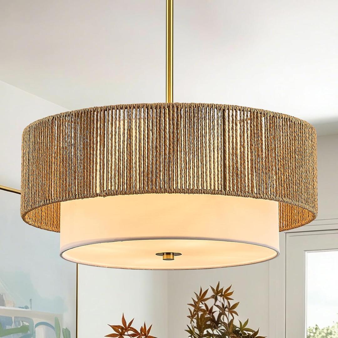 Boho Rattan Chandelier 18'' Gold Hand Woven Chandeliers with Fabric Shade 4-Light Drum Pendant Light Fixture for Dining Room Bedroom Kitchen Hallway Foyer