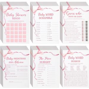 Ctosree 302 Pcs Pink Bow Price is Right Baby Shower Games Watercolor Ribbon Baby Shower Signs, 6 Games, 50 Sheets Each, Minimalist Girl Boy Predictions and Advice Bingo Word Scramble