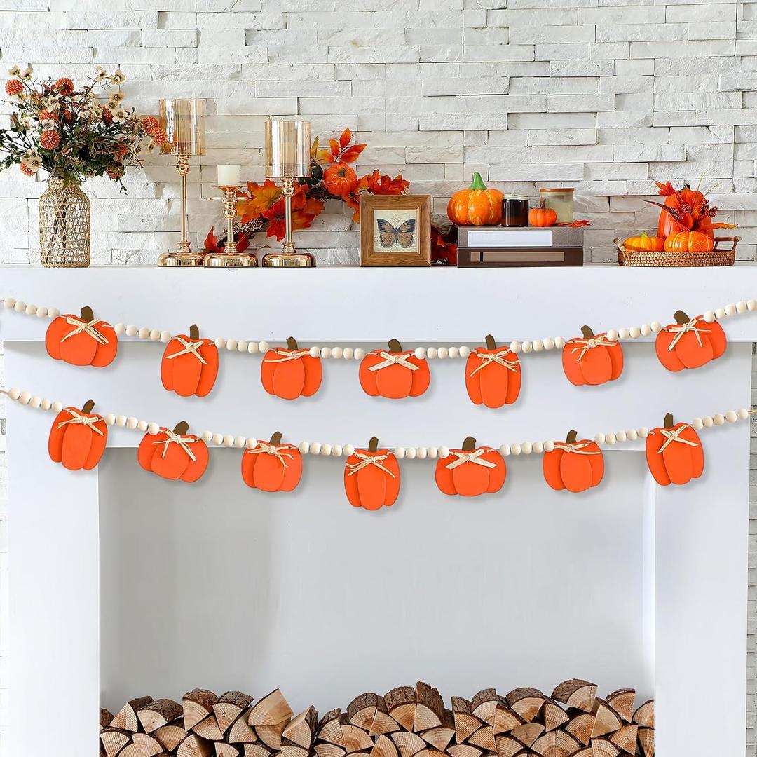 8.2 ft Fall Decor Wooden Beads Garland with Pumpkin Fall Tiered Tray Decorations for Home Pumpkin Wood Beads Hanging Banner Thanksgiving Farmhouse Decor for Halloween Home Fireplace Autumn Hanging
