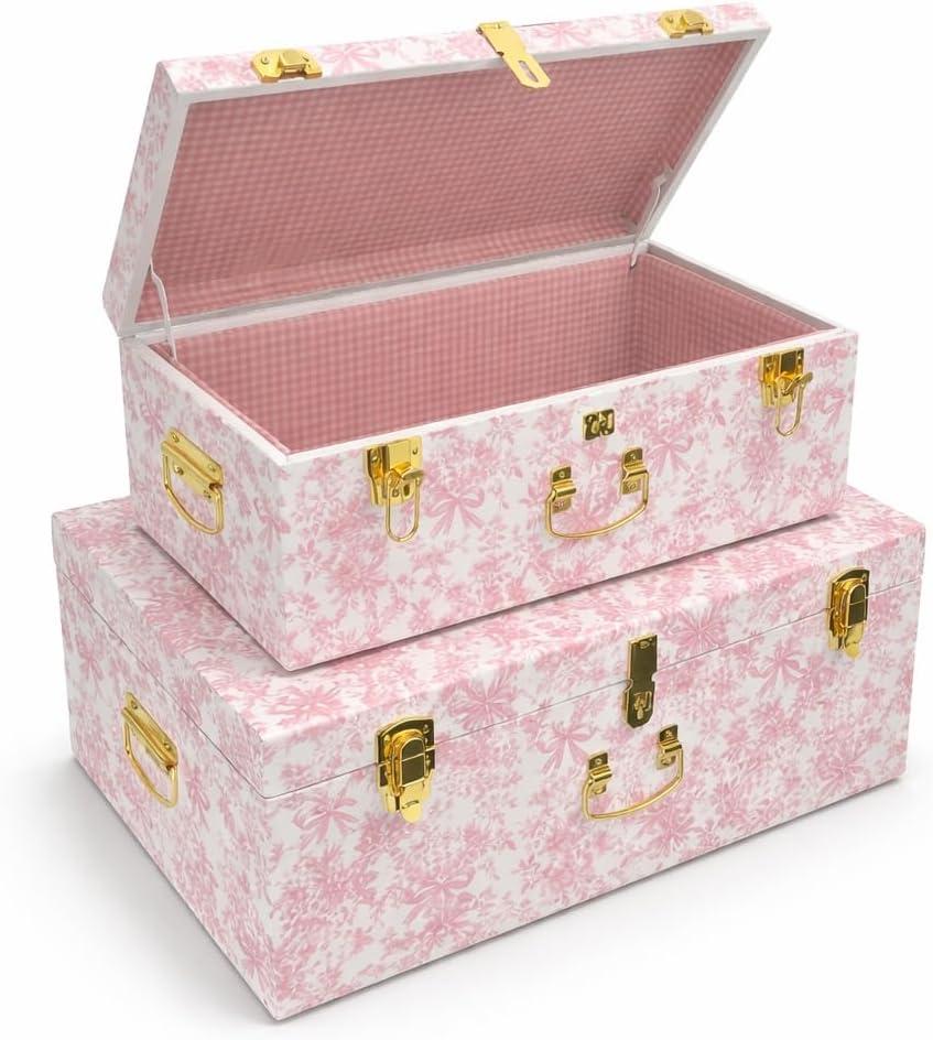 Rool Floral Decorative Storage Trunk Set of 2 Pink Metal Keepsake Trunks with Gingham Fabric Lining, Stackable for Baby's Room and Gifts (Pink)