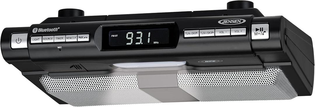Jensen Modern Wireless Under Cabinet Kitchen Universal Bluetooth Music System, FM Radio, Clock LCD Digital Display , Built-in Hands-free Mic & Speakers (Includes Mounting Hardware)