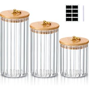 Gerrii 3 Pcs Glass Storage Jars Decorative Coffee Bar Container Kitchen Glass Canister with Airtight Bamboo Lid Metal Ring, Black Labels and Whiteboard Marker for Storage Sugar Candy (19, 29, 39 oz)