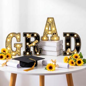 2 x 2026 Grad Light up Letters for Table, Graduation Party Decorations LED Marquee Grad Letter Lights Sign 8.7 Inches Black and Gold Graduation Centerpieces Ornaments, Batteries Not Included