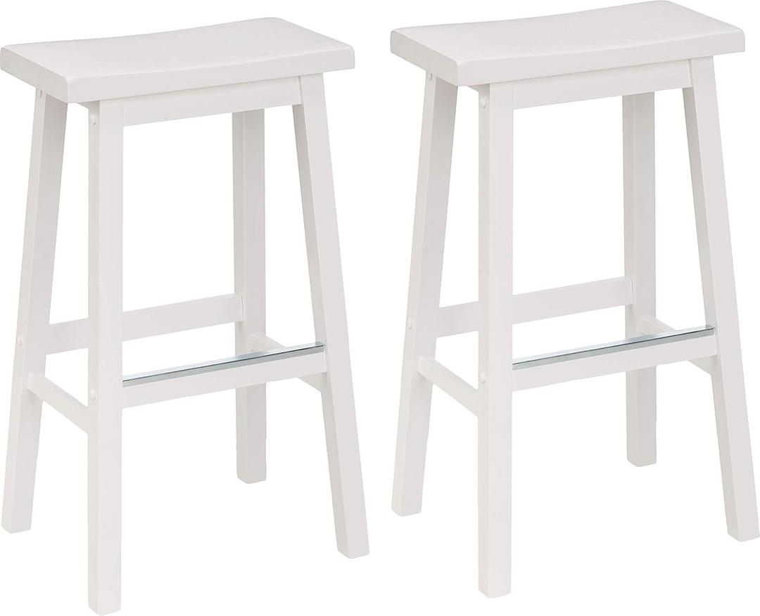 Amazon Basics Solid Wood Saddle-Seat Counter Height Bar Stools for Kitchen Island and Home Bar with Footrest, 29-Inch Height, White, Set of 2