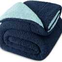 Exclusivo Mezcla Reversible Queen Size Sherpa Blanket, Thick and Warm Fleece Blankets for Winter, Soft Plush Fluffy for Bed, 90x90 Inches, Navy/Light Blue