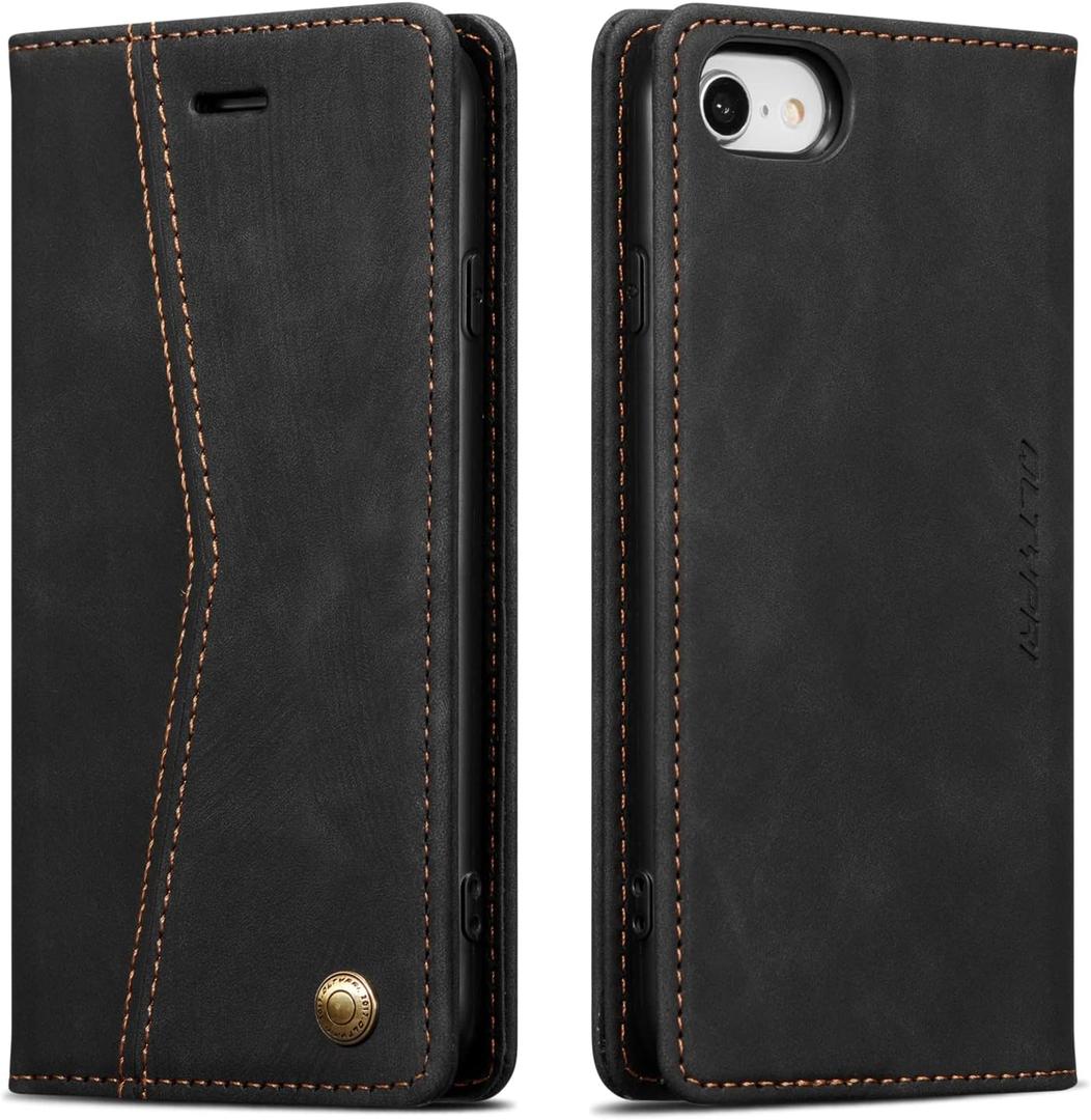 QLTYPRI Case for iPhone 17e/16e, Vintage PU Leather Wallet Case Card Slot Kickstand Magnetic Closure Shockproof Flip Folio Cover for iPhone 16e/17e - Retro Black