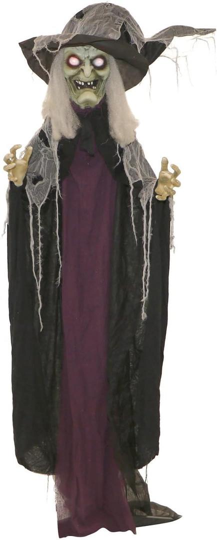 Haunted Hill Farm Life-Size Poseable Scary Talking Witch, Halloween Animatronic with Touch Activated Lights and Sound, Battery Operated Indoor or Covered Outdoor Halloween Decorations, Fright Props