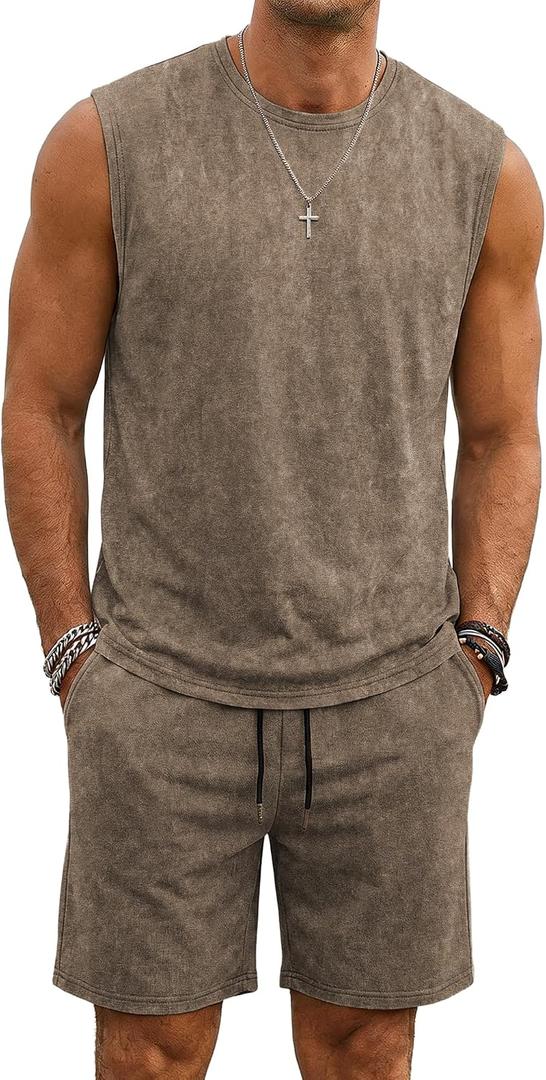 JMIERR Men's Vintage Acid Wash Two Piece Set Tank Top and Shorts