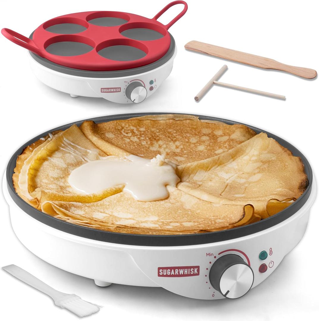 SugarWhisk Crepe Maker Electric, Crepe Pan 12 Inch with 5 X 4 Silicone Molds, Pancake Maker Machine for Pancakes & Tortilla & Fried Eggs, Batter Spreader & Spatula Included, White