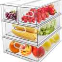 Greenby 4 Pack Refrigerator Organizer Bins with Pull-out Drawer Stackable Clear Fridge Drawer Organizer Fruit Vegetable Storage Containers for Kitchen Pantry Organization (2 Large+2 Small)