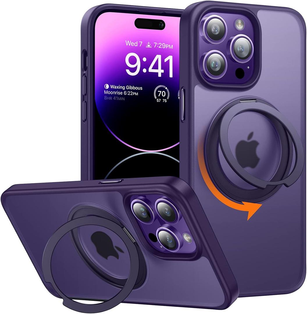 TORRAS 360 Rotatable Ring for iPhone 14 Pro Max Phone Case [Compatible with Magsafe] with Stand, Magnetic Ring Military Grade Shockproof Translucent Back Slim Ostand Pro, Matte Purple