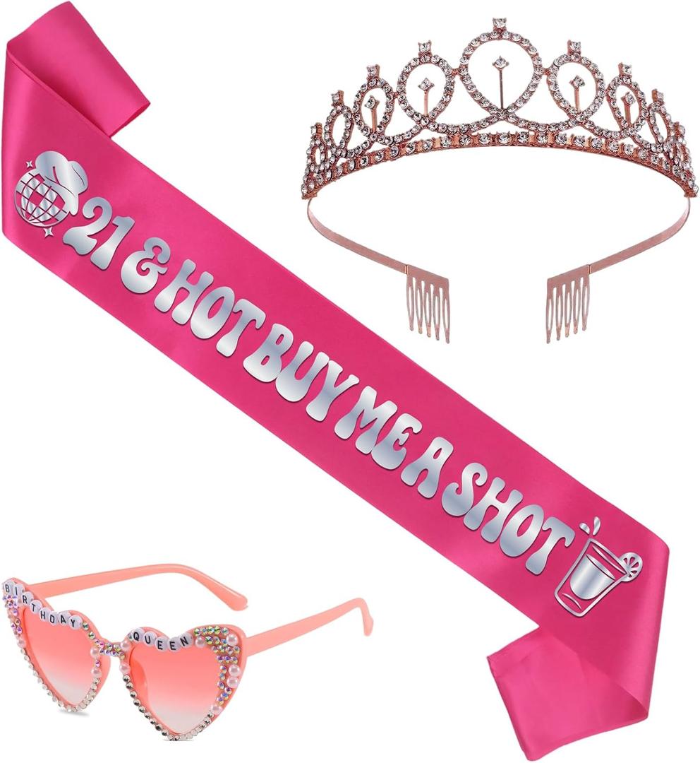 21st Birthday Sash for Women - 3Pcs 21 & Hot Buy Me a Shot Satin Sashes with Silver Foil, Tiara and Glasses Set, Girls 21st Birthday Night Party Accessories Twenty One Bday Favors