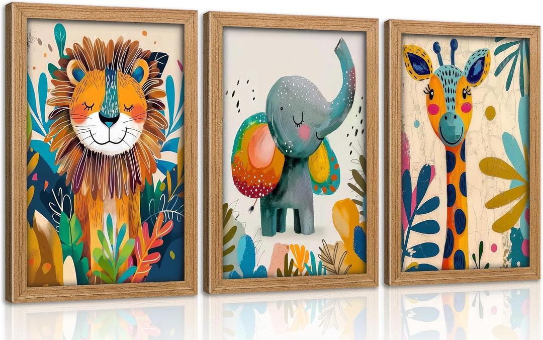 Framed 3Pcs Safari Animal Nursery Canvas Wall Art Cute Watercolor Elephant Giraffe Lion Pictures Wall Decor Colorful Jungle Animals Posters Painting Prints for Kids Room Baby Boys and Girls Room, 24L''x16W''