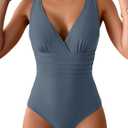 Eomenie One Piece Swimsuit for Women Tummy Control Slimming Bathing Suit Wide Straps V Neck Swim Suit Cross Back Swimwear (Small, Grey Blue)