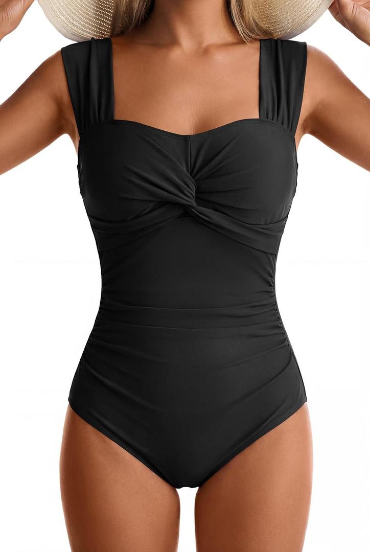 Womens One Piece Swimsuits Tummy Control Twist Front Bathing Suits Full Coverage Swimsuit Wide Straps Swimwear (Black, L)