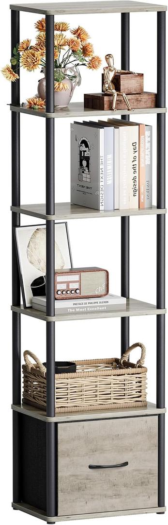 6Tier Bookshelf with Drawer, Narrow Bookshelves Organizer, Floor Standing Ladder Shelf,Tall Bookcase for Small Space, Book shelf with Storage for Living Room, Bedroom, Office, Study Light Oak HBC505Z