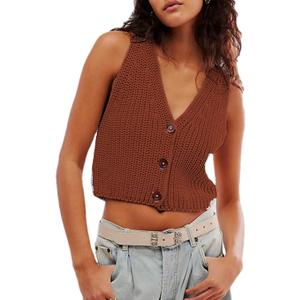Womens Cropped Sweaters Vest Button Down V Neck Knit Sleeveless Crop Sweater 2025 Summer Casual Tank Tops (X-Large, Brown)