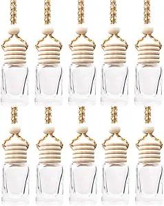 10 Pcs 8ml Hanging Car Air Freshener,Empty Clear Glass Cylindrical Essential Oil Diffuser Perfume Aromatherapy Pendant Bottle Vials With Wooden Caps & Hanging String-FREE 1 Funnel&Dropper