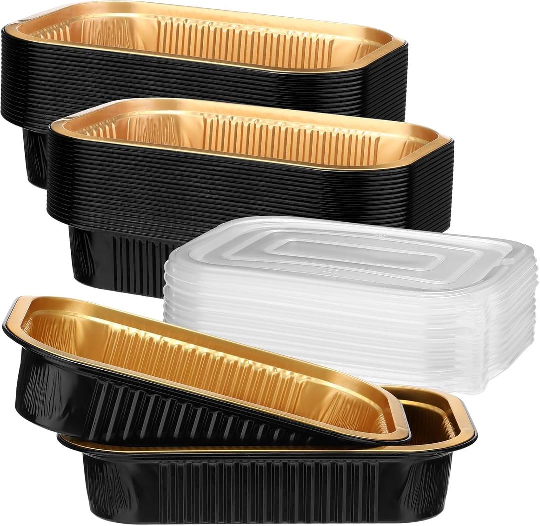 Baderke 20 Pack 50oz Aluminum Foil Pans with Lids Foil Baking Tins, 8.7"x 6" Bread Loaf Pan Disposable Cake Tins for Microwave Oven Cooking, Baking, Takeaway Food Container(Black Gold) Baderke 20 Pack 50oz Aluminum Foil Pans with Lids Foil Baking Tins, 8.7"x 6" Bread Loaf Pan Disposable Cake Tins for Microwave Oven Cooking, Baking, Takeaway Food Container(Black Gold)