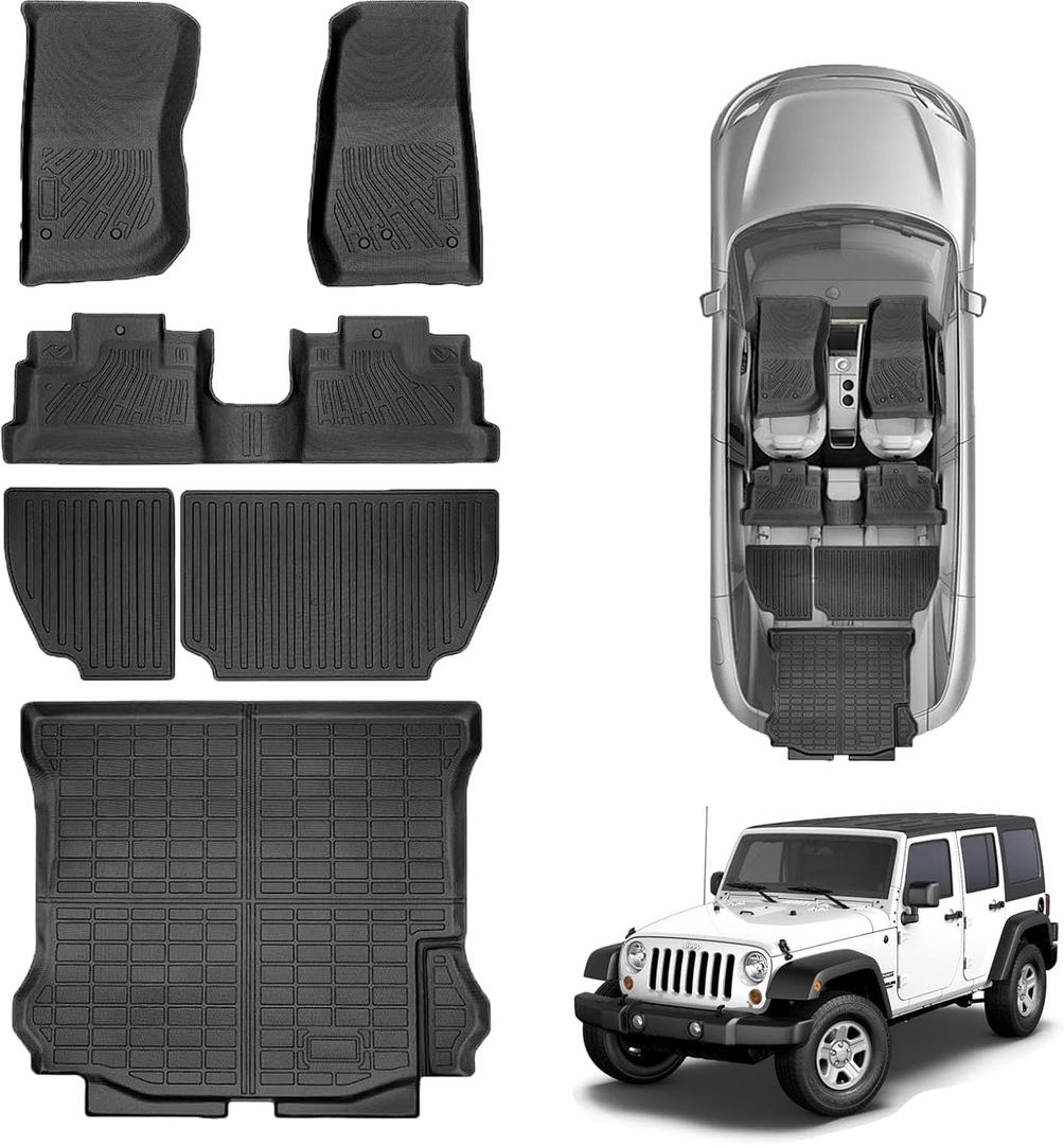 Floor Mats & Trunk Mat for 2007-2018 Jeep Wrangler JK 4-Door
All Weather TPE Custom Mats Set, Durable Non Slip Protection For 1st & 2nd Row Floor Liners, Cargo And Backrest Mats
