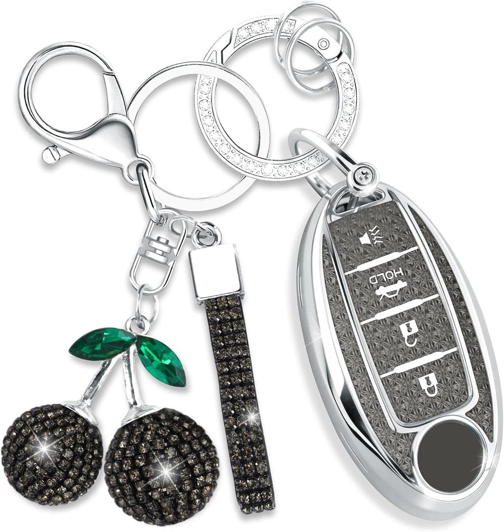 Sparkly Key Fob Cover with Cherry Keychain, Bling TPU Smart Key Case for Women, Compatible with Nissan Altima Murano Juke Sentra Rogue Pathfinder Titan Maxima Kicks (4-Button, Black)