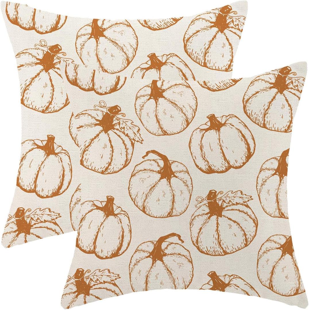 Fall Decor Pillow Covers 18x18 Pack of 2 Burnt Orange Pumpkin Throw Pillow Cover Outdoor Decoration,Autumn Thanksgiving Pumpkin Pillowcase Farmhouse Linen Decorative Cushion Case for Couch sofa