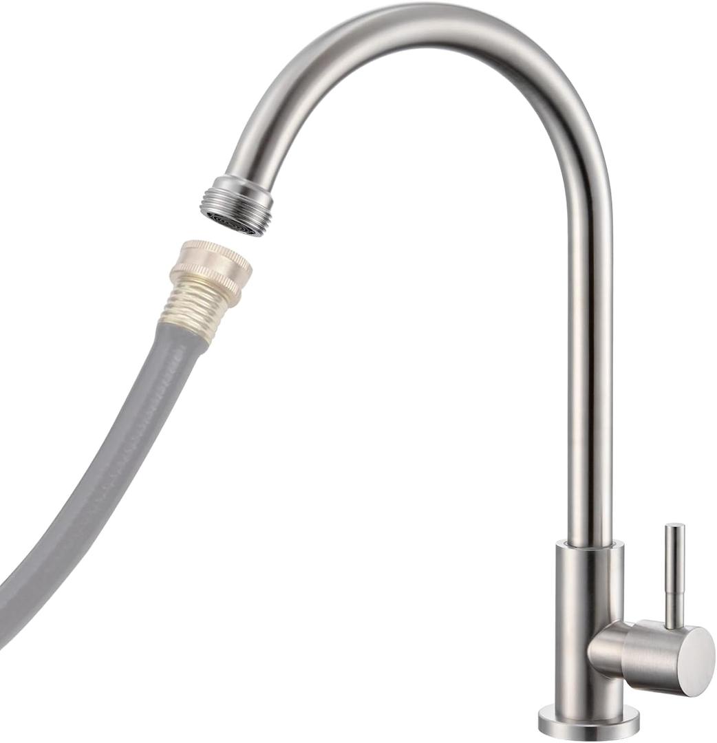 Cold Water Faucet Only  Brushed Nickel Stainless Steel Single Hole Faucets High Arc Utility Sink Faucet for Laundry, Outdoor, 3/4'' Thread End Garden Hose Adapter