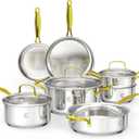 Stainless Steel Cookware Set, Tri-Ply Pots and Pans Set, 26 Piece Kitchen Cooking Utensils Set with Lids, Gold Grip Handles, Induction, Oven, Non-Toxic, Dishwasher Safe, Professional Chef Quality