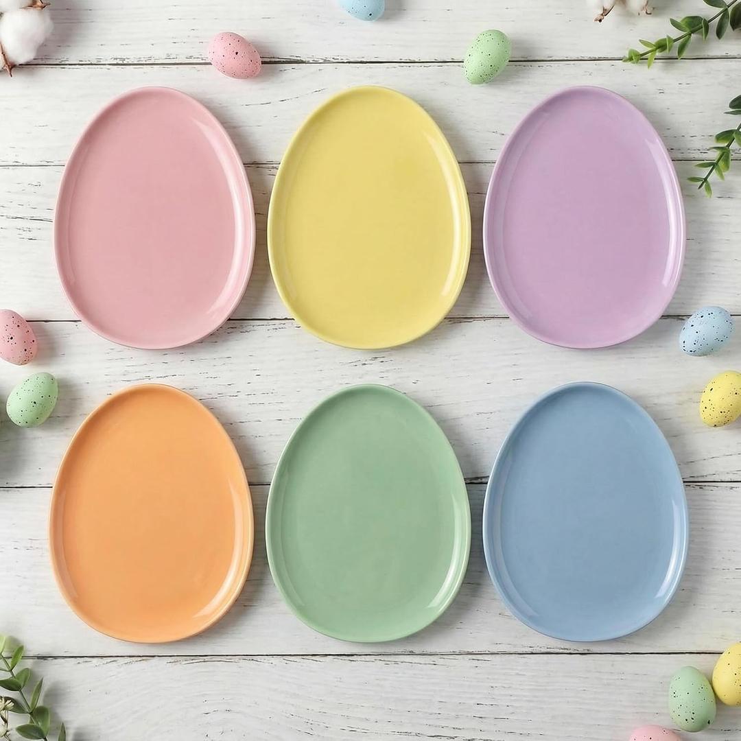 Jinei 6 Pcs Easter Pastel Ceramic Dessert Plates 7.8inch Easter Egg Shaped Ceramic Serving Candy Dishes Eggs Dinner Tray Salad Plates Dinnerware for Spring Garden Tea Party Supplies