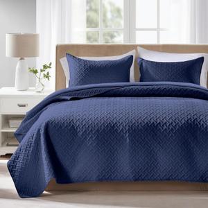 FLYMME Quilts Queen Size - Ultra Soft Navy Blue Quilt Lightweight Microfiber Bedspreads, Classic Basket Weave Pattern Bedspread Bed Coverlet 3 Pieces for All-Season (1 Quilt, 2 Pillow Shams) (Full/Queen(90"x96"))