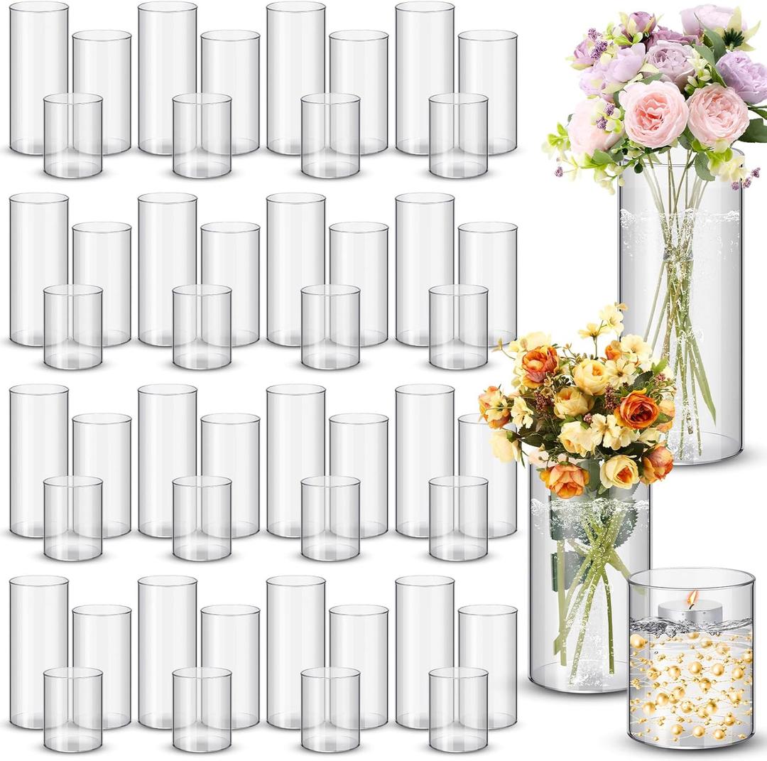 Nuogo 48 Pcs Plastic Cylinder Vases Tall Clear Flower Vases for Centerpieces Hurricane Candle Holder for Home Wedding Office Party Formal Dinners Decorations (4''/6''/8'')