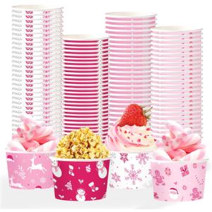 120Pcs Christmas Pink Ice Cream Cups 12 oz Disposable Snowflake Snowman Elk Gift Paper Dessert Snack Bowls Winter Food Yogurt Containers for Hot or Cold Food Soup Candies Xmas Holiday Party Supplies